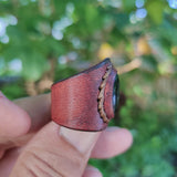 Unique Handcrafted Brown Color Vegetal Leather Ring with Black Agate Stone Setting-Lifestyle Unisex Gift Fashion Jewelry with Naturel Stone