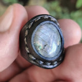 Unique Handcrafted Vegetal Leather Ring with Gray Agate Stone Setting-Lifestyle Unisex Gift Fashion Jewelry with Naturel Stone