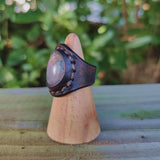 Unique Handcrafted Vegetal Leather Ring with Gray Agate Stone Setting-Lifestyle Unisex Gift Fashion Jewelry with Naturel Stone