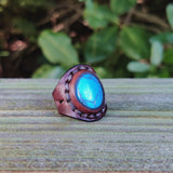 Unique Handcrafted Vegetal Leather Ring with Firuze Stone Setting-Lifestyle Unisex Gift Fashion Jewelry with Naturel Stone