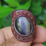 Handcrafted Vegetal Leather Ring with Gray Agate Stone Setting-Unique Unisex Gift Fashion Jewelry with Naturel Stone.