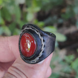 Unique Handcrafted Vegetal Leather Ring with Red Agate Stone Setting-Lifestyle Unisex Gift Fashion Jewelry with Naturel Stone