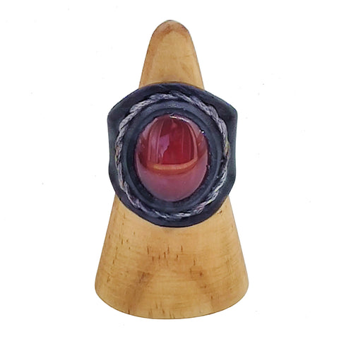 Unique Handcrafted Vegetal Leather Ring with Red Agate Stone Setting-Lifestyle Unisex Gift Fashion Jewelry with Naturel Stone