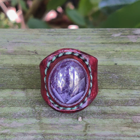 Unique Handcrafted Vegetal No 15.5 Leather Ring with Purple Agate Stone Setting-Lifestyle  Unisex Gift Fashion Jewelry with Naturel Stone