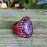 Unique Handcrafted Vegetal No 15.5 Leather Ring with Purple Agate Stone Setting-Lifestyle  Unisex Gift Fashion Jewelry with Naturel Stone