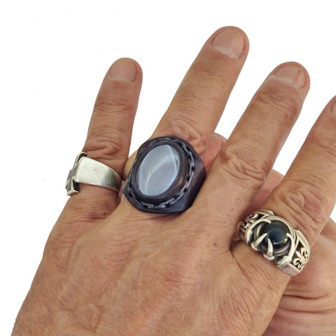 Unique Handcrafted Vegetal Black Leather Ring with Gray Agate Stone Setting-Lifestyle Unisex Gift Fashion Jewelry with Naturel Stone