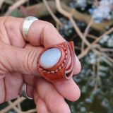 Unique Handcrafted Vegetal Brown Leather Ring with White Agate Stone Setting-Lifestyle Unisex Gift Fashion Jewelry with Naturel Stone