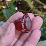 Unique Handcrafted Genuine Vegetal Brown Leather Ring With Brown Agate Stone Setting- No 13.5 Unisex Gift Fashion Jewelry Band Natural Stone