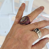 Unique Handcrafted Genuine Vegetal Brown Leather Ring With Brown Agate Stone Setting- No 13.5 Unisex Gift Fashion Jewelry Band Natural Stone
