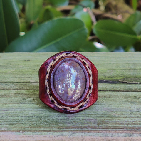 Unique Handcrafted Genuine Vegetal Brown Leather Ring With Brown Agate Stone Setting- No 13.5 Unisex Gift Fashion Jewelry Band Natural Stone