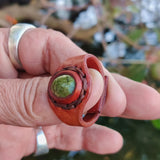 Unique Handcrafted Vegetal Brown Leather Ring with Green Flower Stone Setting-Lifestyle Unisex Gift Fashion Jewelry with Naturel Stone