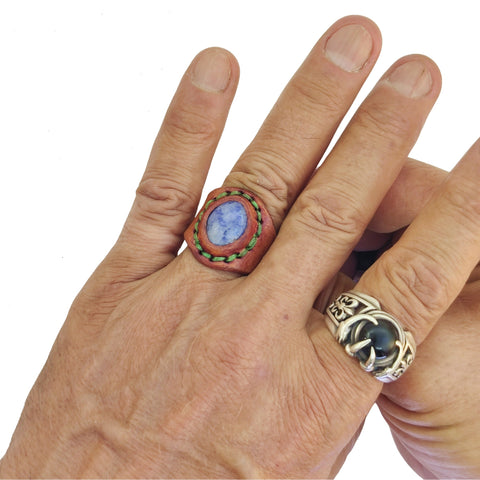 Unique Handcrafted Vegetal Brown Leather Ring with Blue Spot Jasper Setting-Lifestyle Unisex Gift Fashion Jewelry with Naturel Stone
