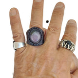 Unique Handcrafted Vegetal Black Leather Ring with Purple Agate Stone Setting-Lifestyle Unisex Gift Fashion Jewelry with Naturel Stone.