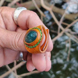Unique Handcrafted Vegetal Yellow Leather Ring with Green Agate Stone Setting-Lifestyle Unisex Gift Fashion Jewelry with Naturel Stone.