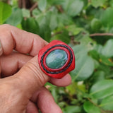 Unique Handcrafted Vegetal Maroon Color Leather Ring with Moss Agate Stone Setting-Lifestyle Unisex Gift Fashion Jewelry with Naturel Stone