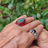 Unique Handcrafted Vegetal Maroon Color Leather Ring with Moss Agate Stone Setting-Lifestyle Unisex Gift Fashion Jewelry with Naturel Stone