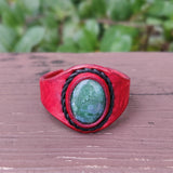 Unique Handcrafted Vegetal Maroon Color Leather Ring with Moss Agate Stone Setting-Lifestyle Unisex Gift Fashion Jewelry with Naturel Stone