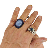 Unique Handcrafted Vegetal Black Leather Ring with Gray Agate Stone Setting-Lifestyle Unisex Gift Fashion Jewelry with Naturel Stone