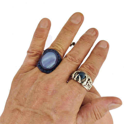 Unique Handcrafted Vegetal Black Leather Ring with Gray Agate Stone Setting-Lifestyle Unisex Gift Fashion Jewelry with Naturel Stone