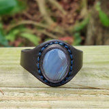 Unique Handcrafted Vegetal Black Leather Ring with Gray Agate Stone Setting-Lifestyle Unisex Gift Fashion Jewelry with Naturel Stone