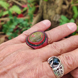 Unique Handcrafted Vegetal Brown Leather Ring with Green Flower Stone Setting-Lifestyle Unisex Gift Fashion Jewelry with Naturel Stone