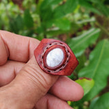 Unique Handcrafted Vegetal Brown Leather Ring with White Agate Stone Setting-Lifestyle Unisex Gift Fashion Jewelry with Naturel Stone