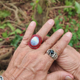 Unique Handcrafted Vegetal Maroon Leather Ring with White Agate Stone Setting-Lifestyle Unisex Gift Fashion Jewelry with Naturel Stone