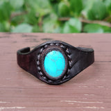 Unique Handcrafted Vegetal Black Color Leather Ring with Firuze Stone Setting-Lifestyle Unisex Gift Fashion Jewelry with Naturel Stone