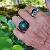 Life Style Handcrafted Genuine Vegetal Black Leather Ring with Green Agate Stone-Unisex Gift Fashion Jewelry Band with Naturel Stone