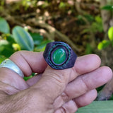 Life Style Handcrafted Genuine Vegetal Black Leather Ring with Green Agate Stone-Unisex Gift Fashion Jewelry Band with Naturel Stone