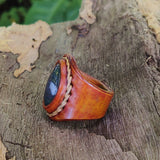 Unique Handcrafted Genuine Vegetal Brown Leather Ring with Moss Agate Stone-Unisex No 15-Gift Fashion Jewelry Band with Naturel Stone