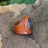 Unique Handcrafted Genuine Vegetal Brown Leather Ring with Moss Agate Stone-Unisex No 15-Gift Fashion Jewelry Band with Naturel Stone