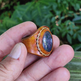 Unique Handcrafted Genuine Vegetal Brown Leather Ring with Moss Agate Stone-Unisex No 15-Gift Fashion Jewelry Band with Naturel Stone