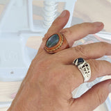 Unique Handcrafted Genuine Vegetal Brown Leather Ring with Moss Agate Stone-Unisex No 15-Gift Fashion Jewelry Band with Naturel Stone