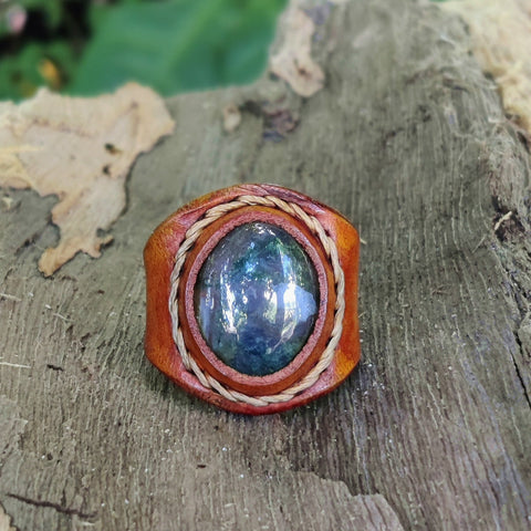 Unique Handcrafted Genuine Vegetal Brown Leather Ring with Moss Agate Stone-Unisex No 15-Gift Fashion Jewelry Band with Naturel Stone