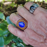 Unique Handcrafted Vegetal Brown Leather Ring with Blue Cat's Eye Stone Setting-Lifestyle Unisex Gift Fashion Jewelry with Naturel Stone
