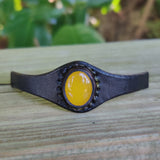 Unique Handcrafted Vegetal Black Leather Ring with Yellow Agate Stone Setting-Lifestyle Unisex Gift Fashion Jewelry with Naturel Stone.