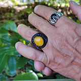 Unique Handcrafted Vegetal Black Leather Ring with Yellow Agate Stone Setting-Lifestyle Unisex Gift Fashion Jewelry with Naturel Stone.