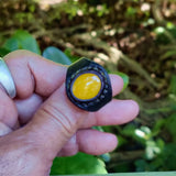 Unique Handcrafted Vegetal Black Leather Ring with Yellow Agate Stone Setting-Lifestyle Unisex Gift Fashion Jewelry with Naturel Stone.