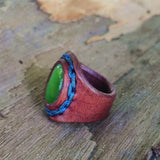 Handcrafted Genuine Vegetal Brown Leather Ring With Green Cat Eye Stone Setting-Size 11 Unisex Gift Fashion Jewelry Band