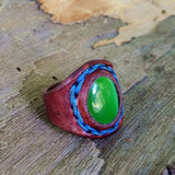 Handcrafted Genuine Vegetal Brown Leather Ring With Green Cat Eye Stone Setting-Size 11 Unisex Gift Fashion Jewelry Band