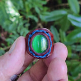 Handcrafted Genuine Vegetal Brown Leather Ring With Green Cat Eye Stone Setting-Size 11 Unisex Gift Fashion Jewelry Band