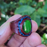 Handcrafted Genuine Vegetal Brown Leather Ring With Green Cat Eye Stone Setting-Size 11 Unisex Gift Fashion Jewelry Band