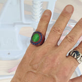 Handcrafted Genuine Vegetal Brown Leather Ring With Green Cat Eye Stone Setting-Size 11 Unisex Gift Fashion Jewelry Band