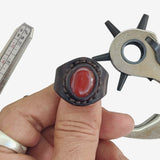 Unique Handcrafted Vegetal Leather Ring with Red Agate Stone Setting-Lifestyle Unisex Gift Fashion Jewelry with Naturel Stone