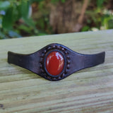 Unique Handcrafted Vegetal Leather Ring with Red Agate Stone Setting-Lifestyle Unisex Gift Fashion Jewelry with Naturel Stone