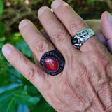 Unique Handcrafted Vegetal Leather Ring with Red Agate Stone Setting-Lifestyle Unisex Gift Fashion Jewelry with Naturel Stone