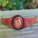 Unique Handcrafted Vegetal Brown Leather Ring with Orange Agate Stone Setting-Lifestyle Unisex Gift Fashion Jewelry with Naturel Stone