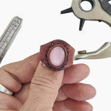 Unique Handcrafted Vegetal Brown Leather Ring with Rose Cat's Eye Stone Setting-Lifestyle Unisex Gift Fashion Jewelry with Naturel Stone