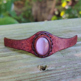 Unique Handcrafted Vegetal Brown Leather Ring with Rose Cat's Eye Stone Setting-Lifestyle Unisex Gift Fashion Jewelry with Naturel Stone